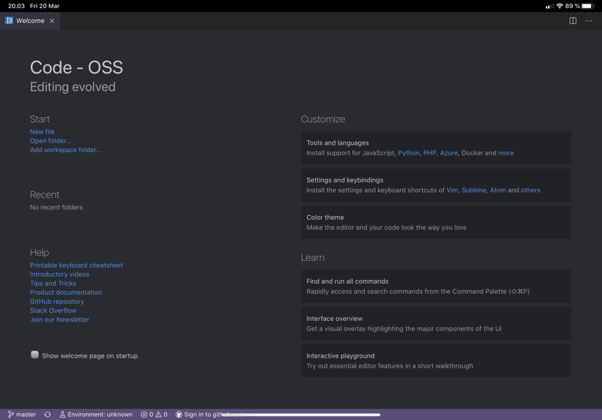 Welcome screen in Visual Studio Code on iPad